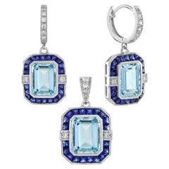 Set di orecchini pendenti in stile Art Déco con acquamarina e diamanti in oro 14K