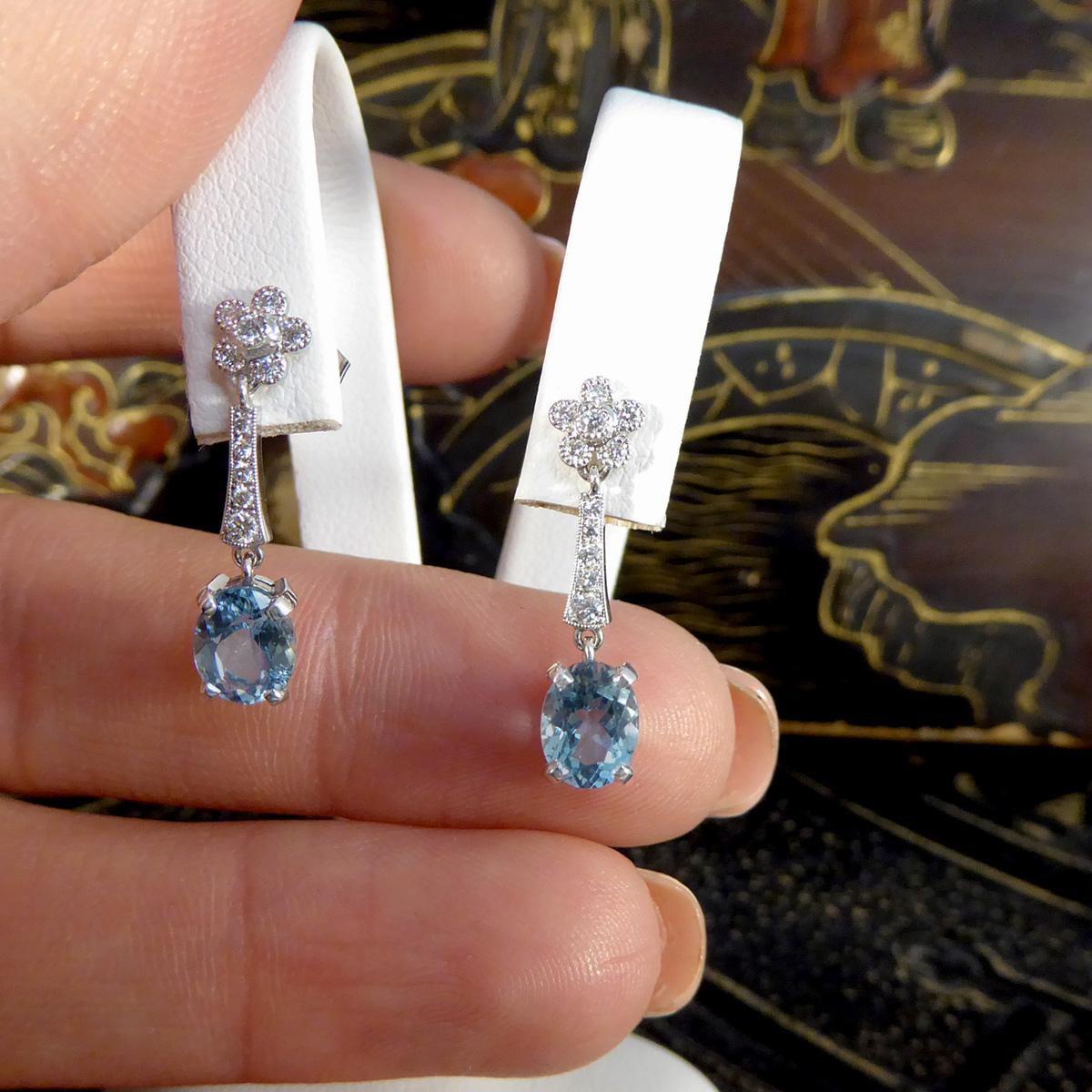 Belle Époque Aquamarine and Diamond Belle Epoque Inspired Drop Earrings in 18ct White Gold For Sale