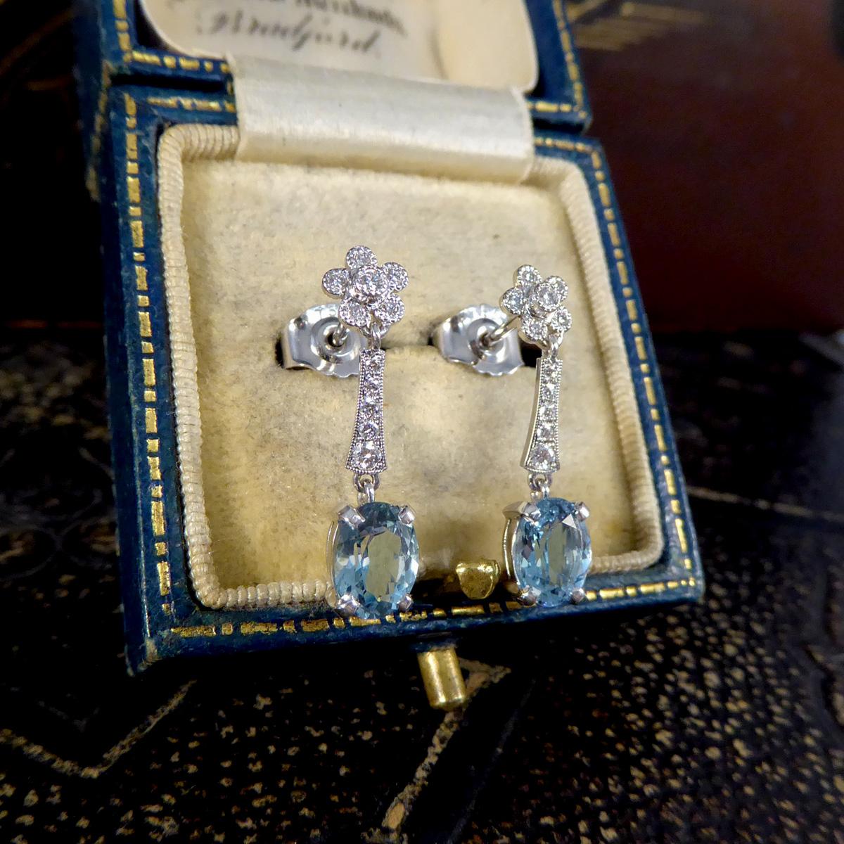 Oval Cut Aquamarine and Diamond Belle Epoque Inspired Drop Earrings in 18ct White Gold For Sale