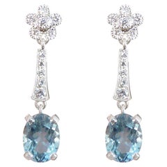 Boucles d'oreilles pendantes en or blanc 18ct, aigue-marine et diamants, inspirées de la Belle Epoque