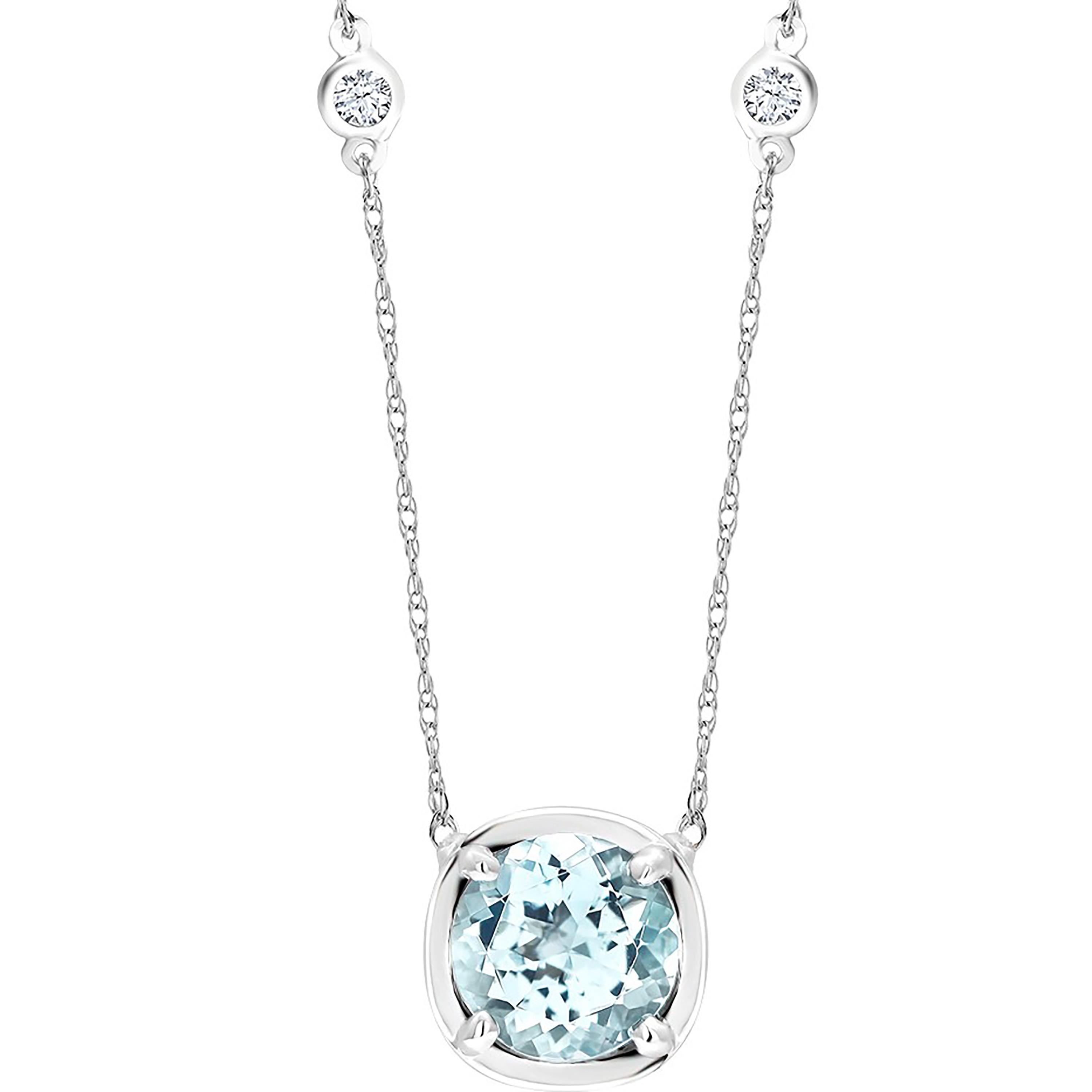 14 karat white gold necklace pendant with round aquamarine measuring 9 millimeters and two round diamond 
Pendant measuring 18 inches 
Aquamarine inset in a cushion shape bezel setting 
Two diamond total weighing of 0.10 carat
One round aquamarine