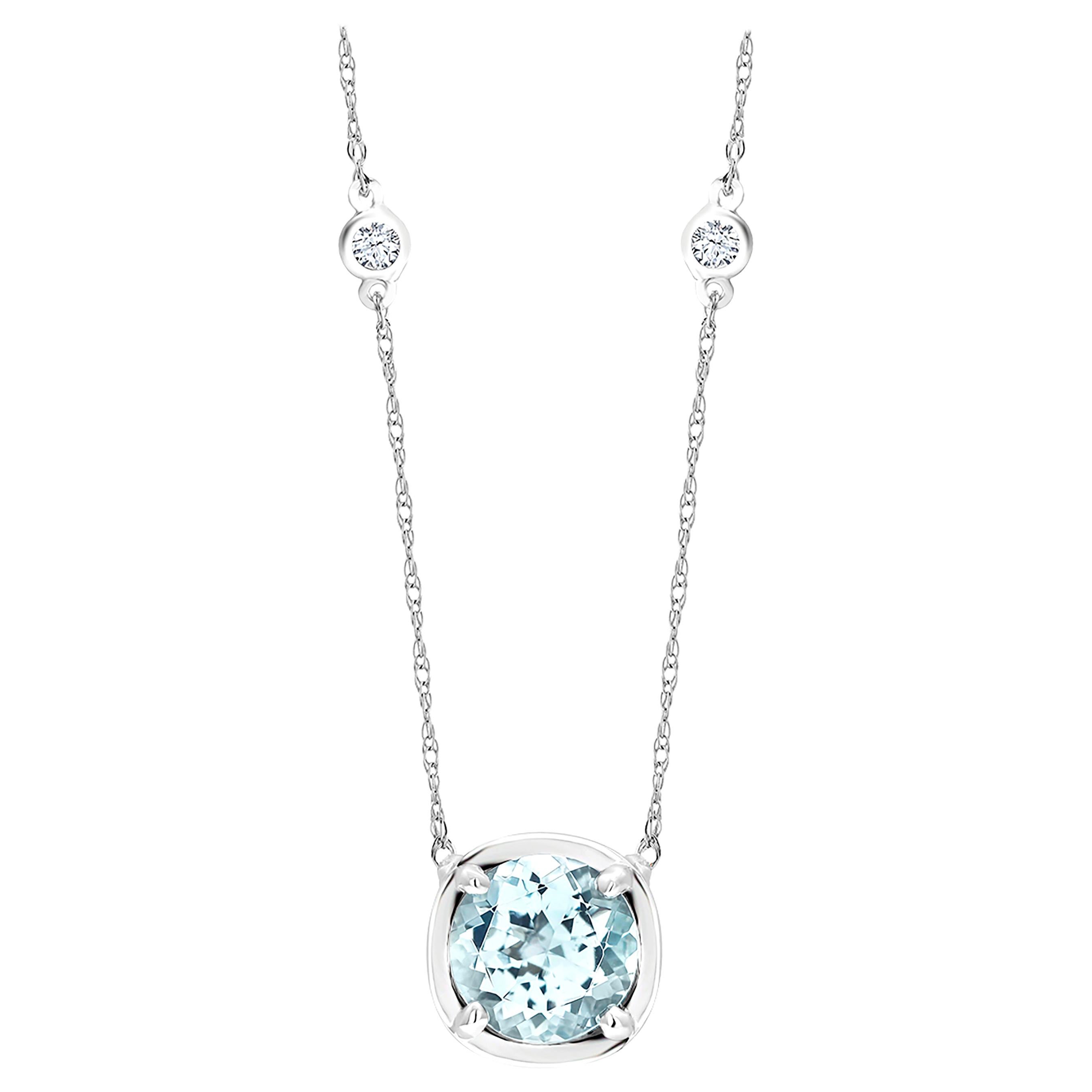 Aquamarine and Diamond Bezel Set White Gold 18 Inch Pendant Necklace