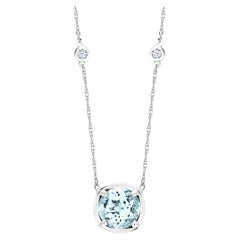 Aquamarine and Diamond Bezel Set White Gold 18 Inch Pendant Necklace