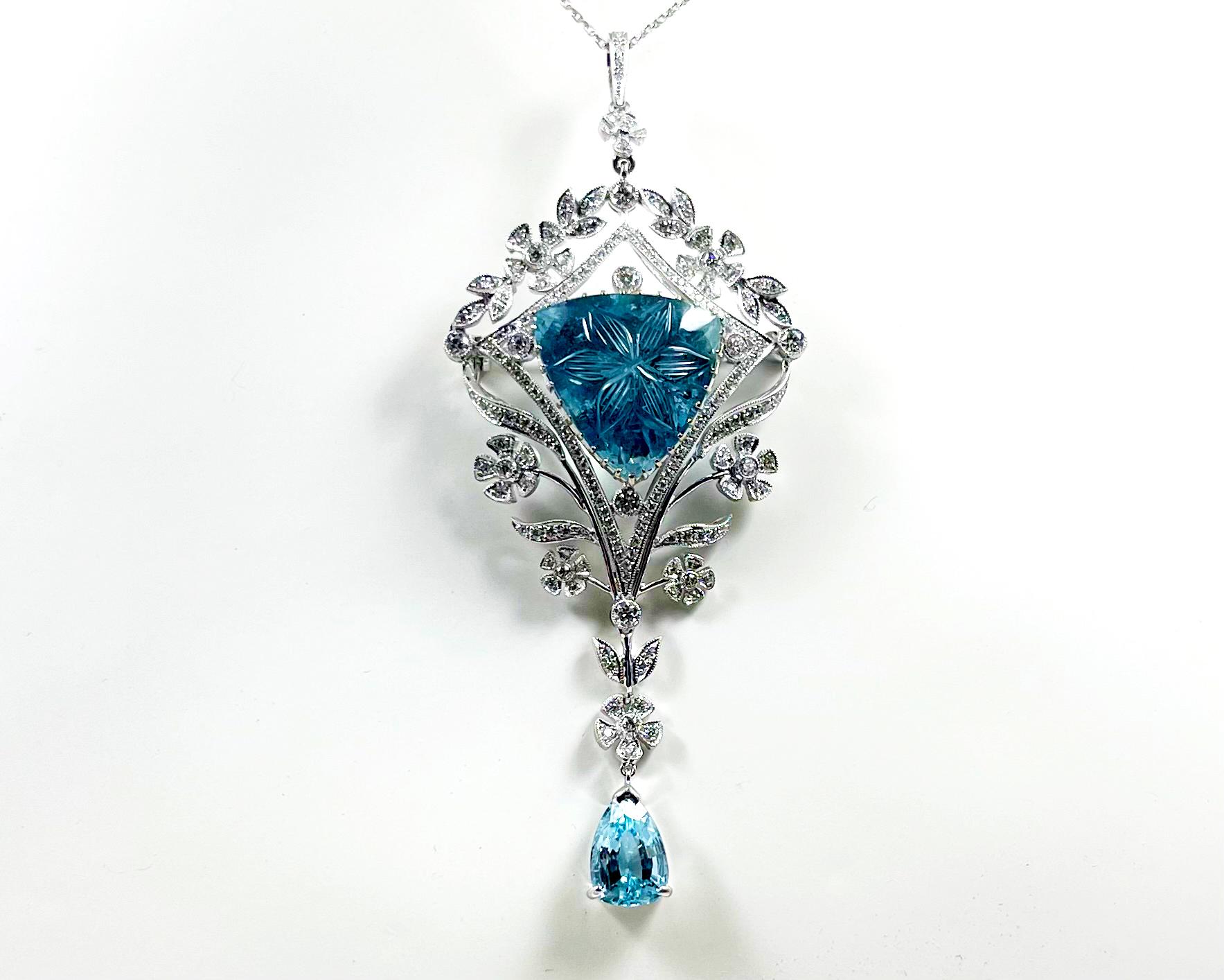 Aquamarine and Diamond Brooch/Pendant set in 18K White Gold Settings For Sale 6