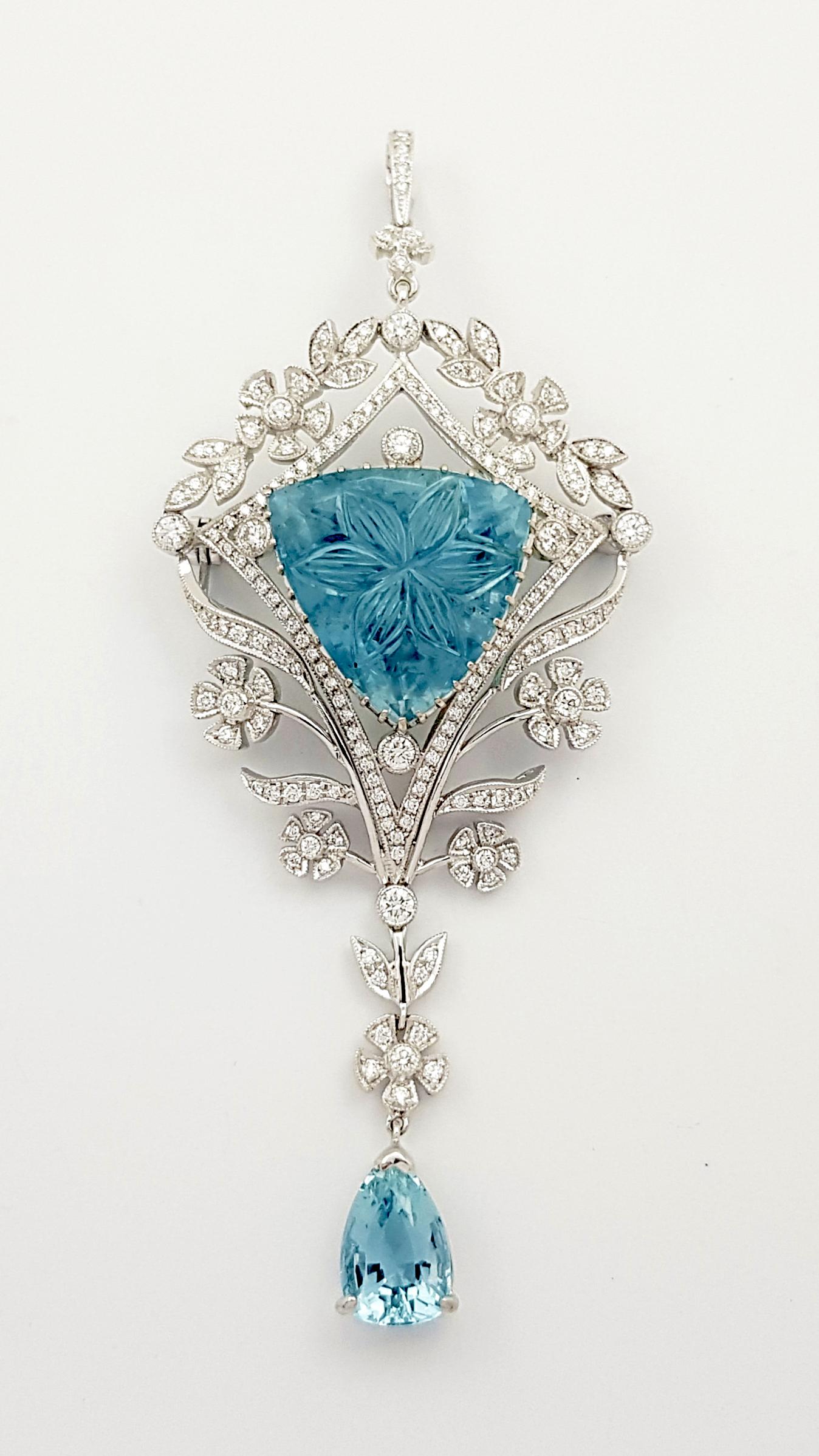 Cabochon Aquamarine 17.97 carats, Aquamarine 2.37 carats and Diamond 1.36 carats Brooch/Pendant set in 18K White Gold Settings
(chain not included)

Width: 3.5 cm 
Length: 8.3 cm
Total Weight: 16.06 grams


