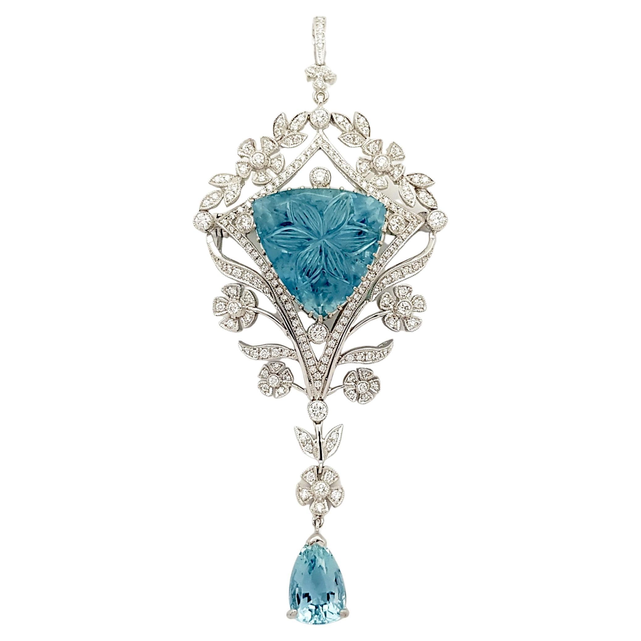 Aquamarine and Diamond Brooch/Pendant set in 18K White Gold Settings For Sale