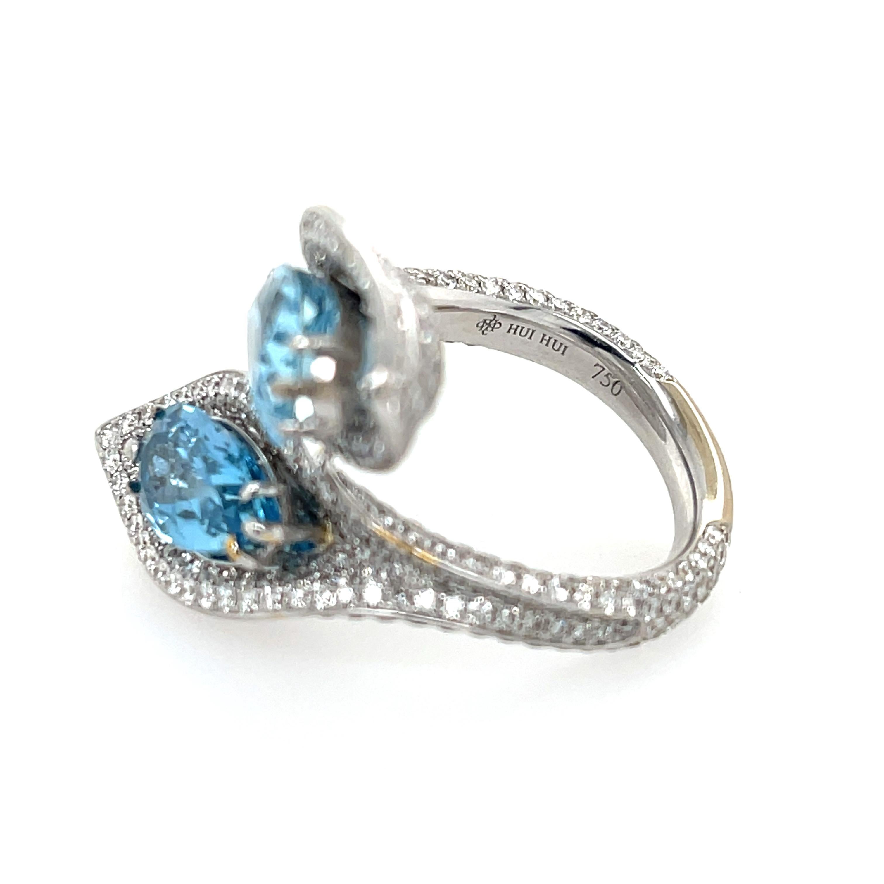 Aquamarine and Diamond Bypass Ring 18K White Gold In Good Condition For Sale In Dallas, TX