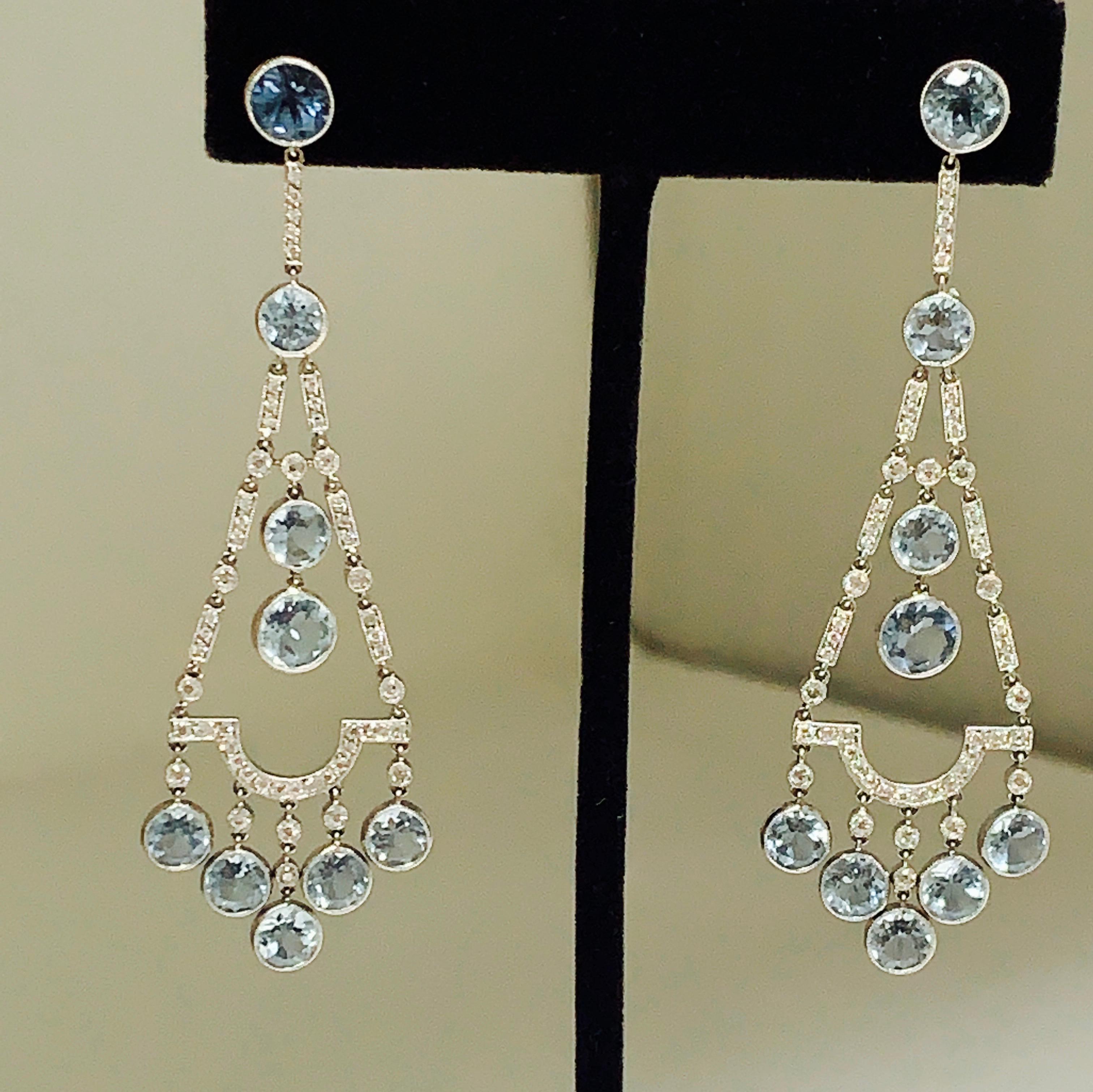 Contemporary Aquamarine and Diamond Chandelier Earrings in Platinum For Sale