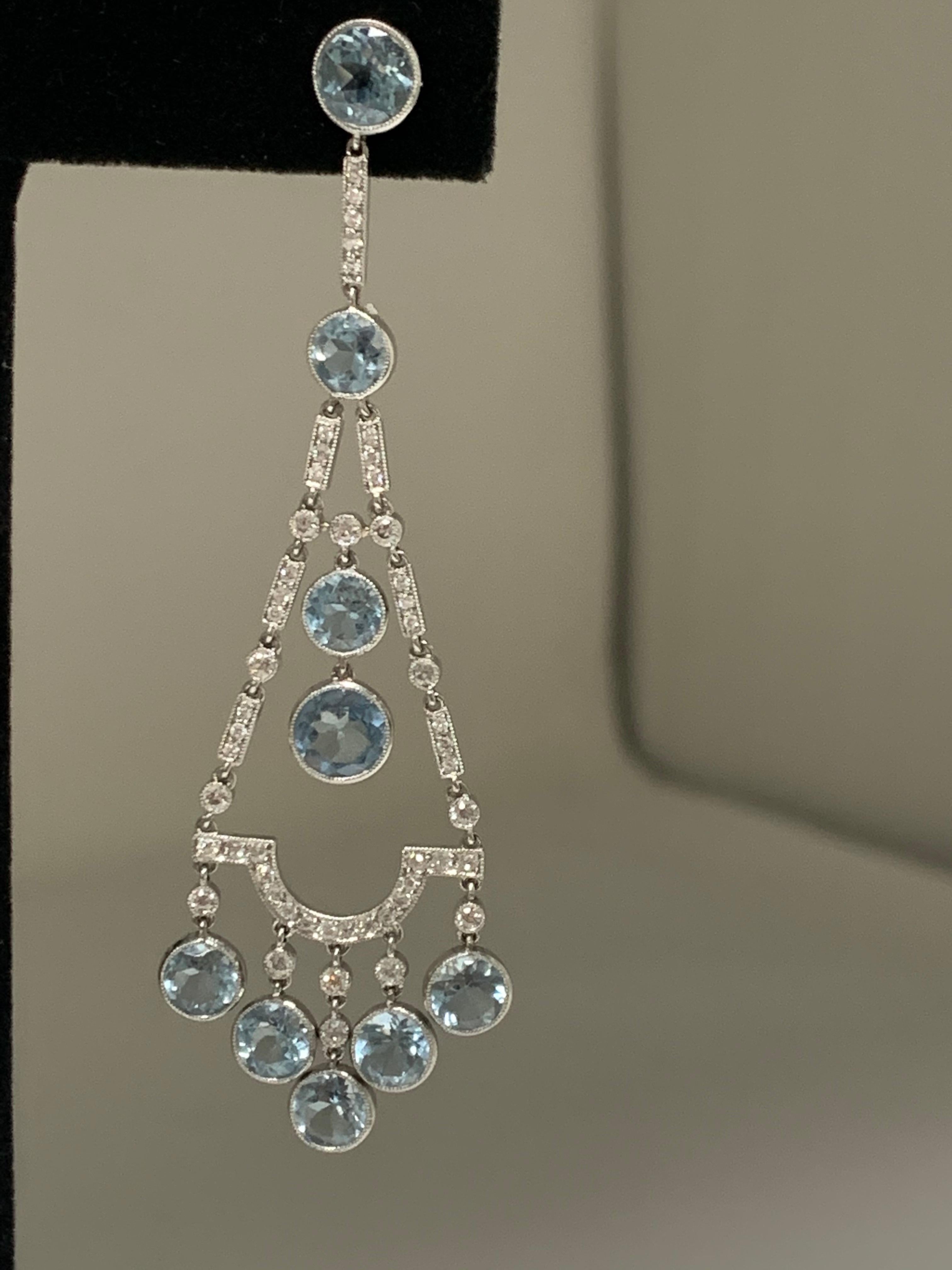 Round Cut Aquamarine and Diamond Chandelier Earrings in Platinum For Sale