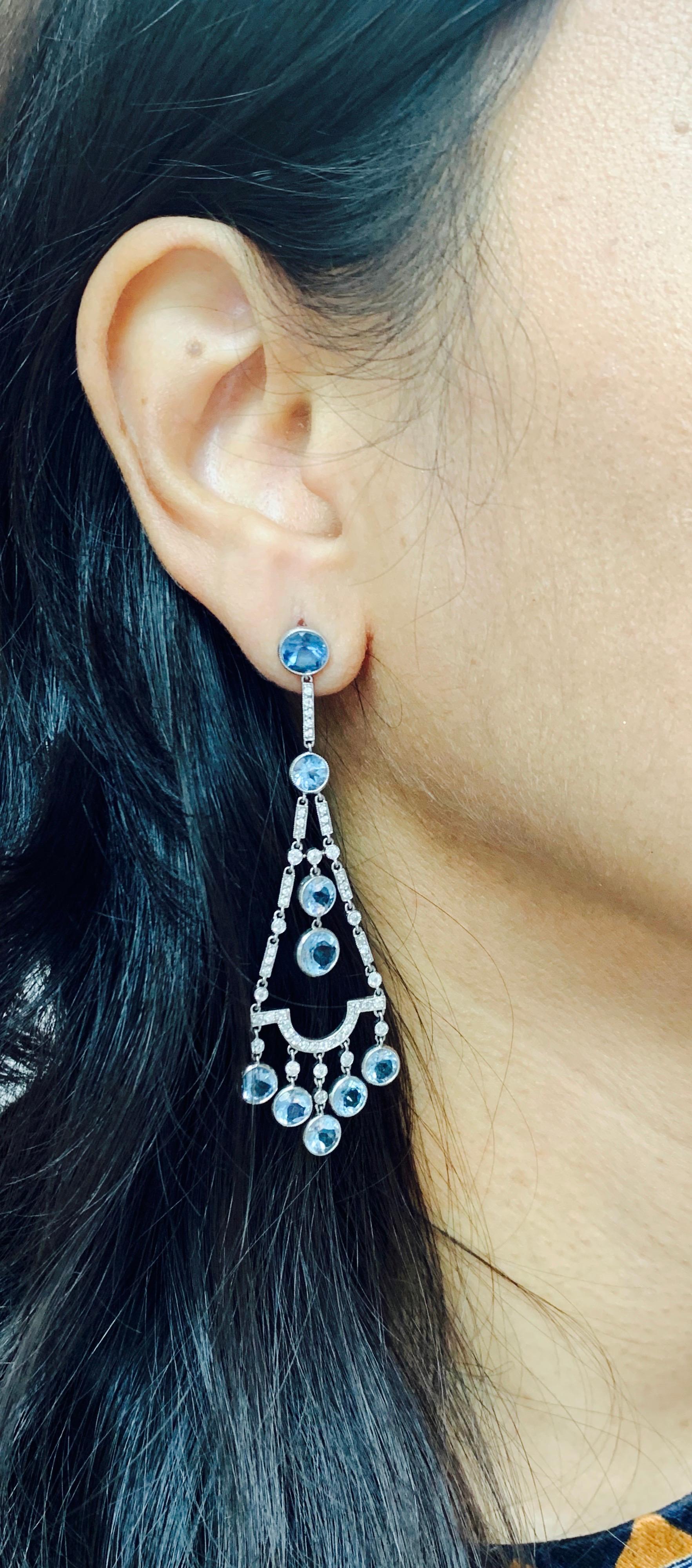 Aquamarine and Diamond Chandelier Earrings in Platinum For Sale 1