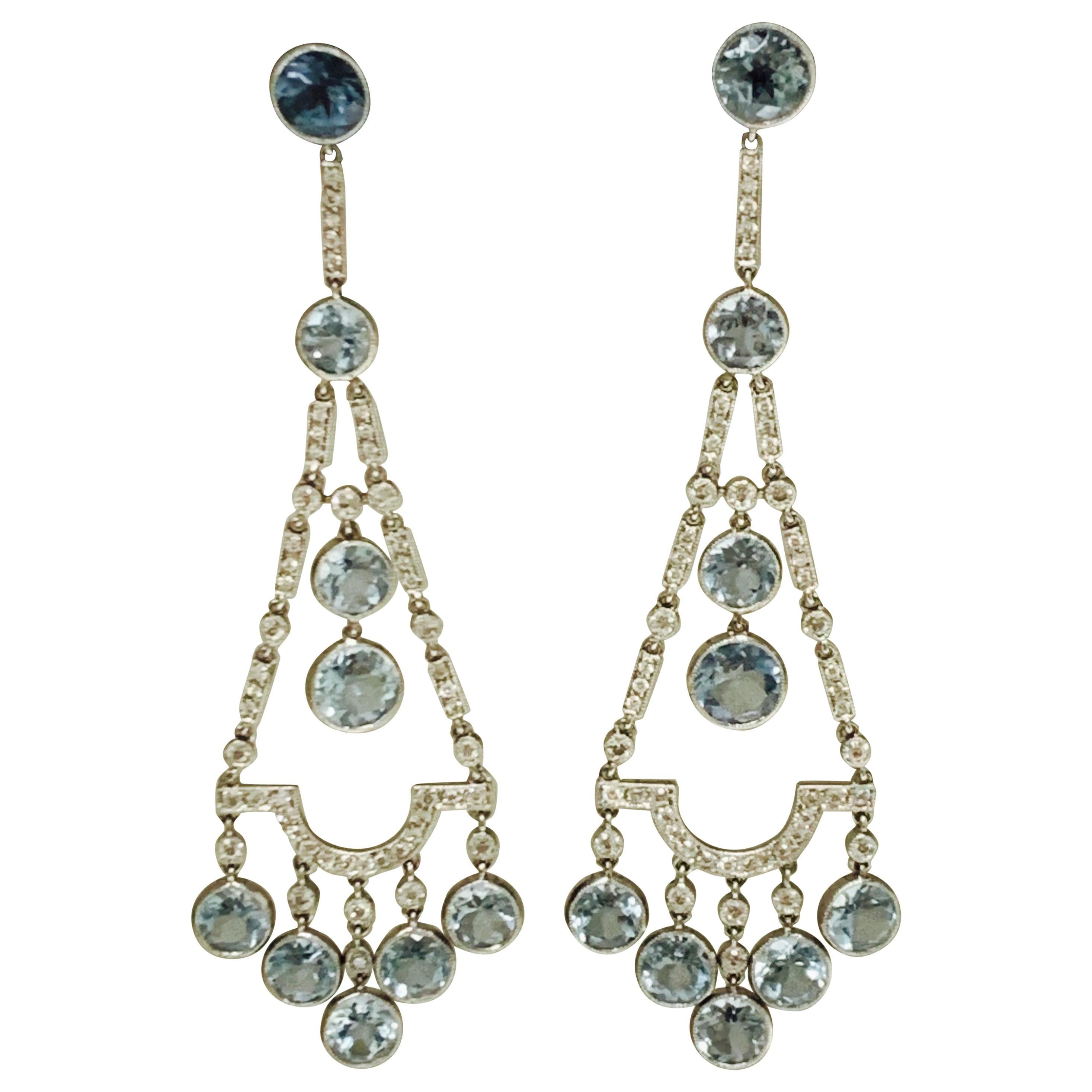 Aquamarine and Diamond Chandelier Earrings in Platinum For Sale