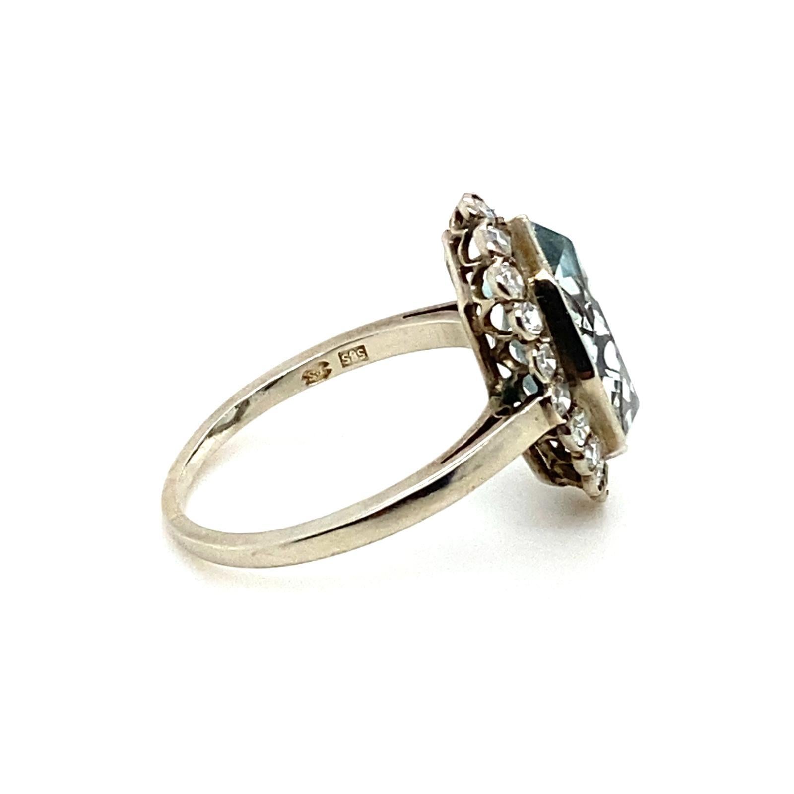 Retro Aquamarine and Diamond Cluster 14 Karat White Gold Engagement Ring For Sale
