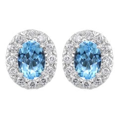 Aquamarine and Diamond White Gold Cluster Earrings 