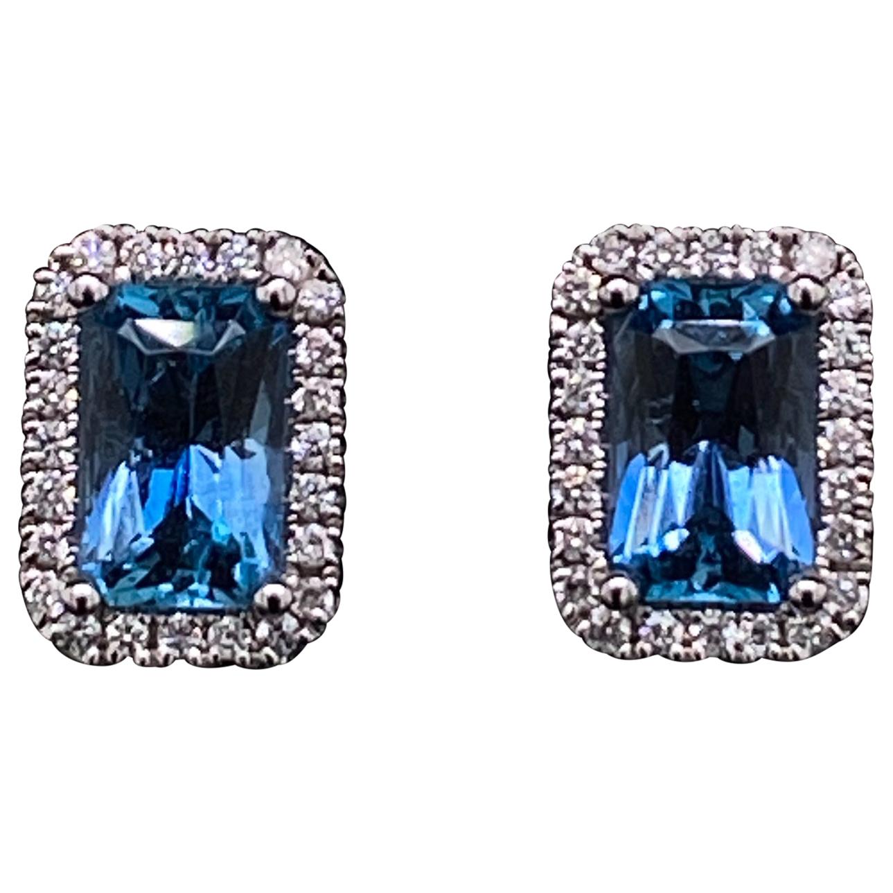 Aquamarine and Diamond Cluster Emerald Shape Stud Earrings 18 Karat White Gold