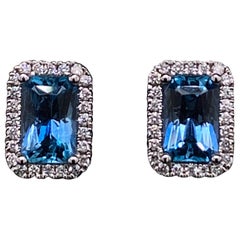 Aquamarine and Diamond Cluster Emerald Shape Stud Earrings 18 Karat White Gold