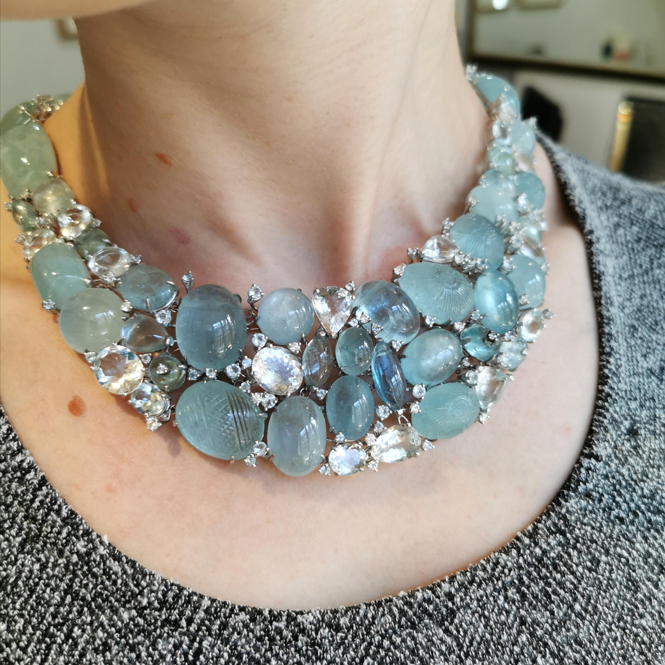 Aquamarine and Diamond Cluster Necklace In Excellent Condition In London, GB