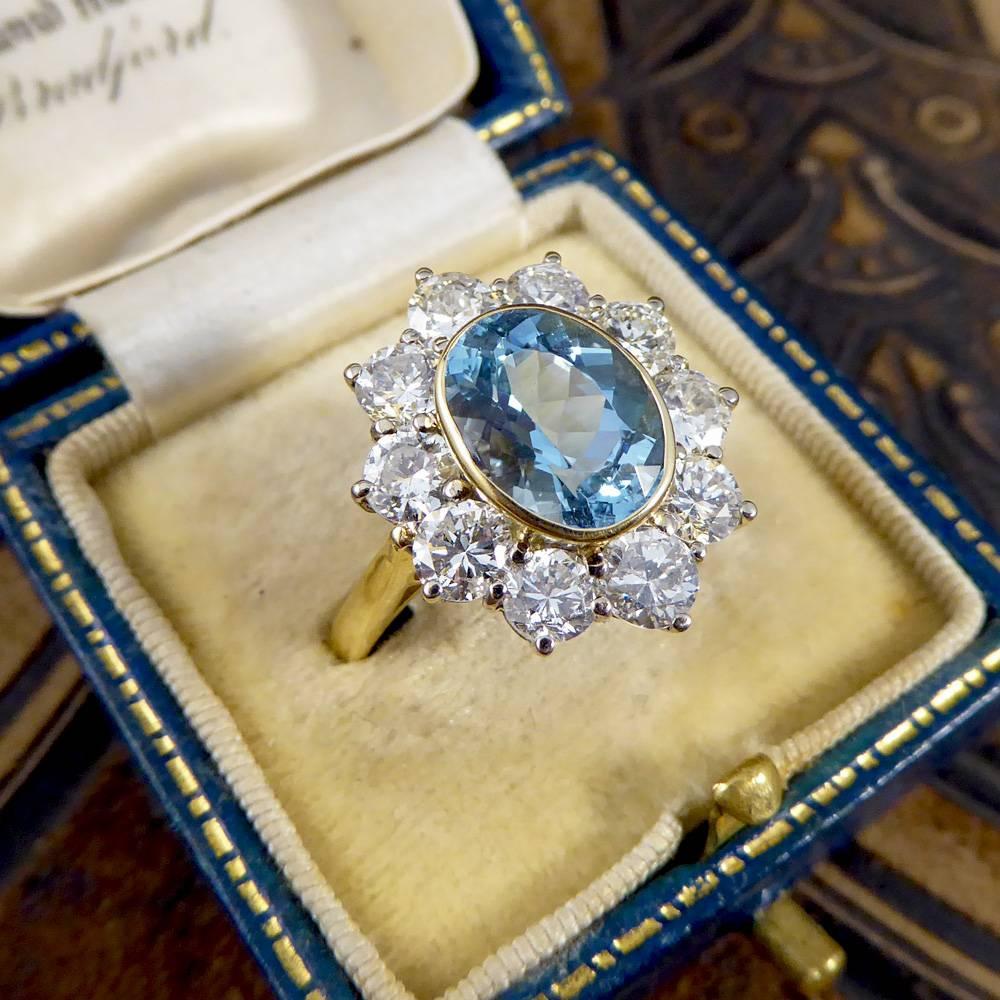 Women's or Men's Aquamarine and Diamond Cluster Ring in 18 Carat Gold