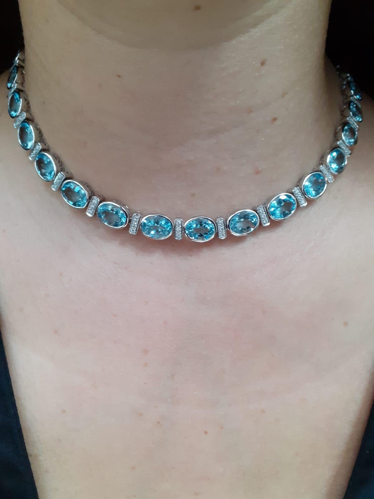 Oval Cut Aquamarine and Diamond Collar Necklace in 18 Karat White Gold For Sale