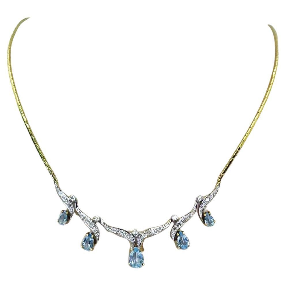 Pear Cut Aquamarine and Diamond Collar Necklace in Yellow Gold For Sale