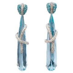 Rosior Contemporary Pear Cut Aquamarine and Diamond White Gold Drop Earrings