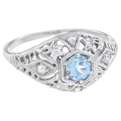 Aquamarine and Diamond Dome Filigree Engagement Ring in 14K White Gold