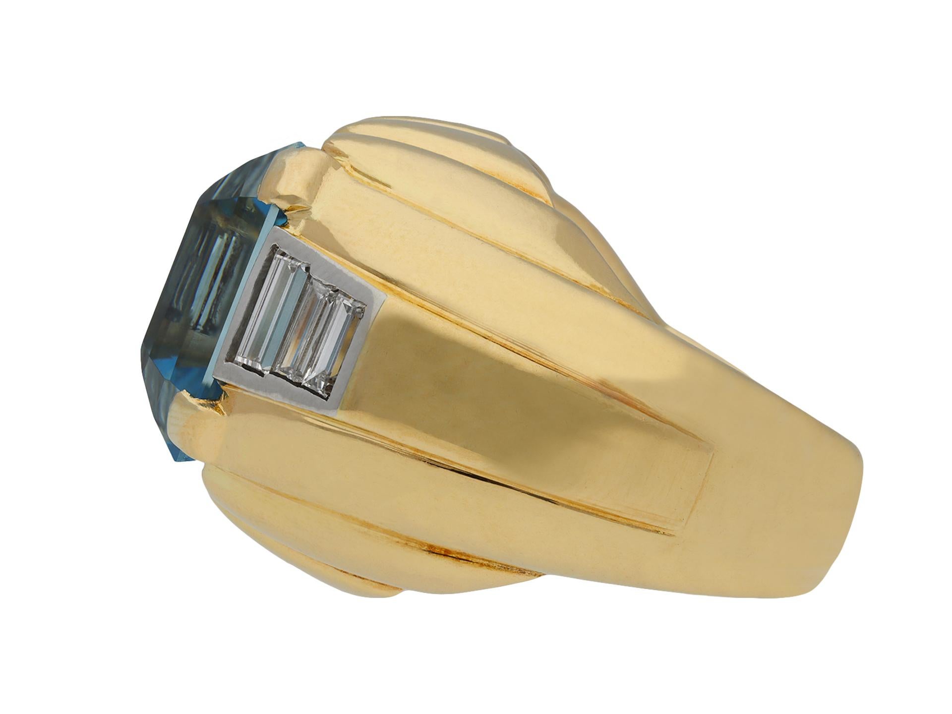 Post-War Aquamarine and diamond dress ring, circa 1960. For Sale