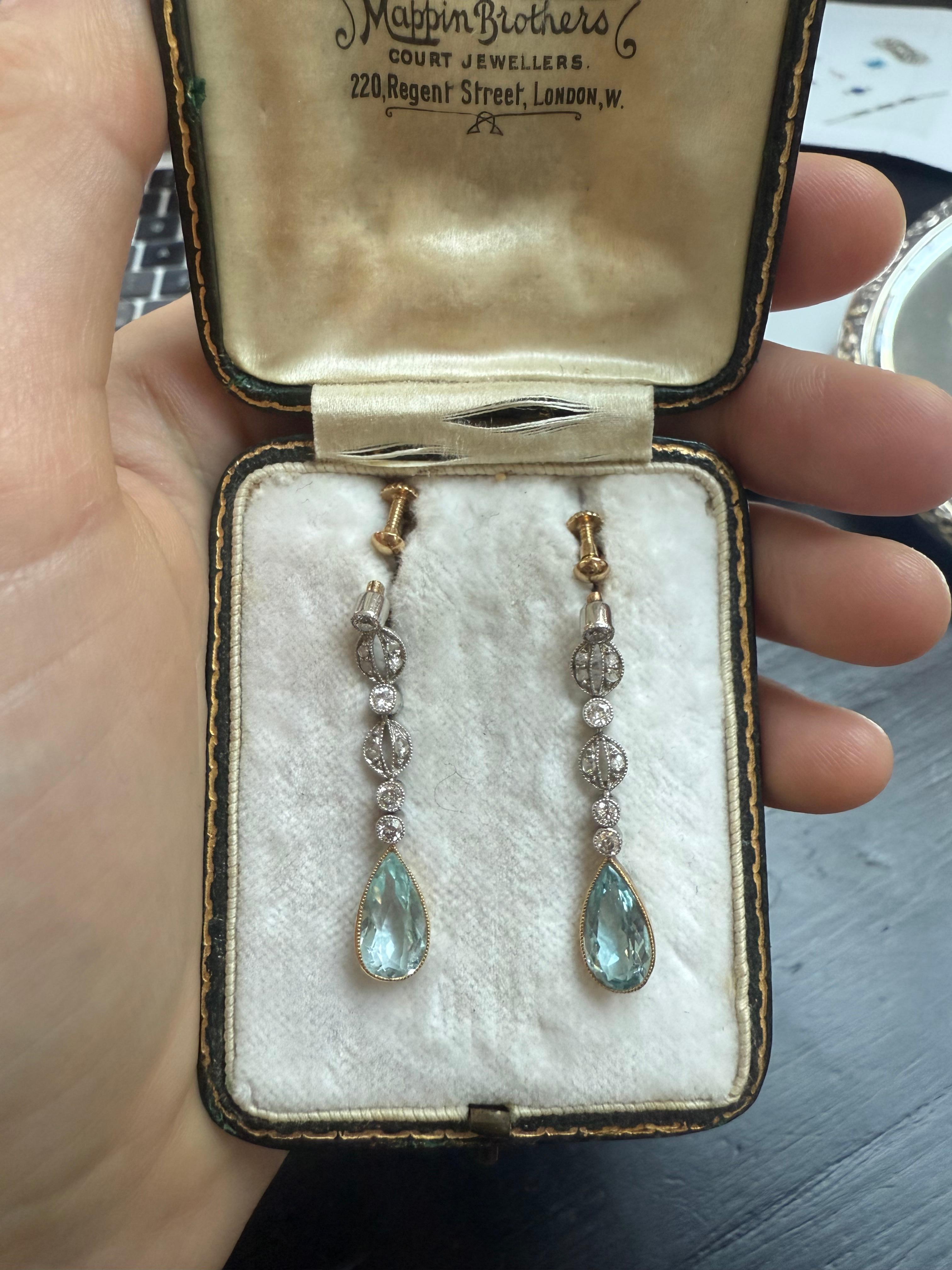 Boucles d'oreilles en forme de goutte d'aigue-marine et de diamant, début du 20e siècle en vente 6
