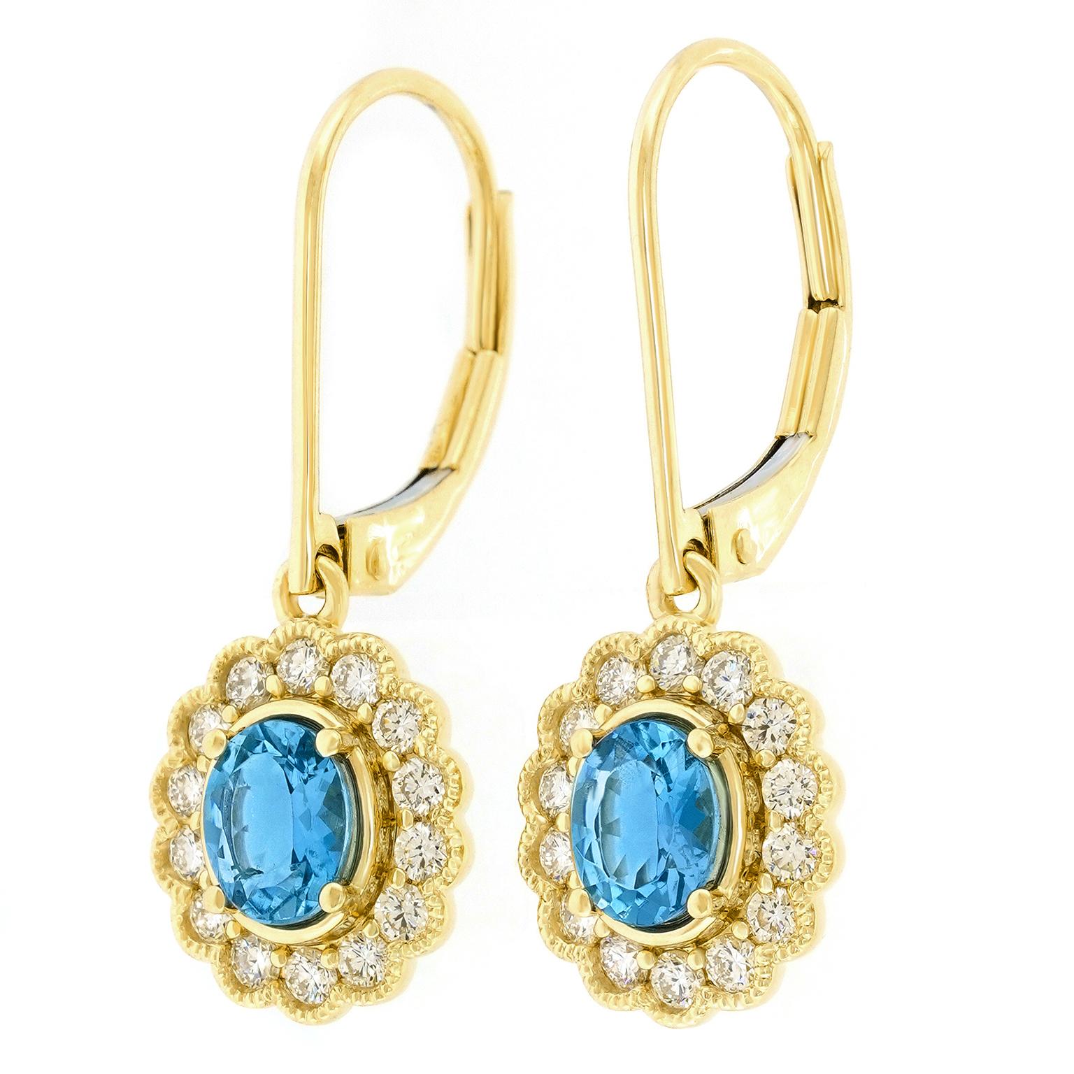 Oval Cut Aquamarine and Diamond Drop Earrings For Sale
