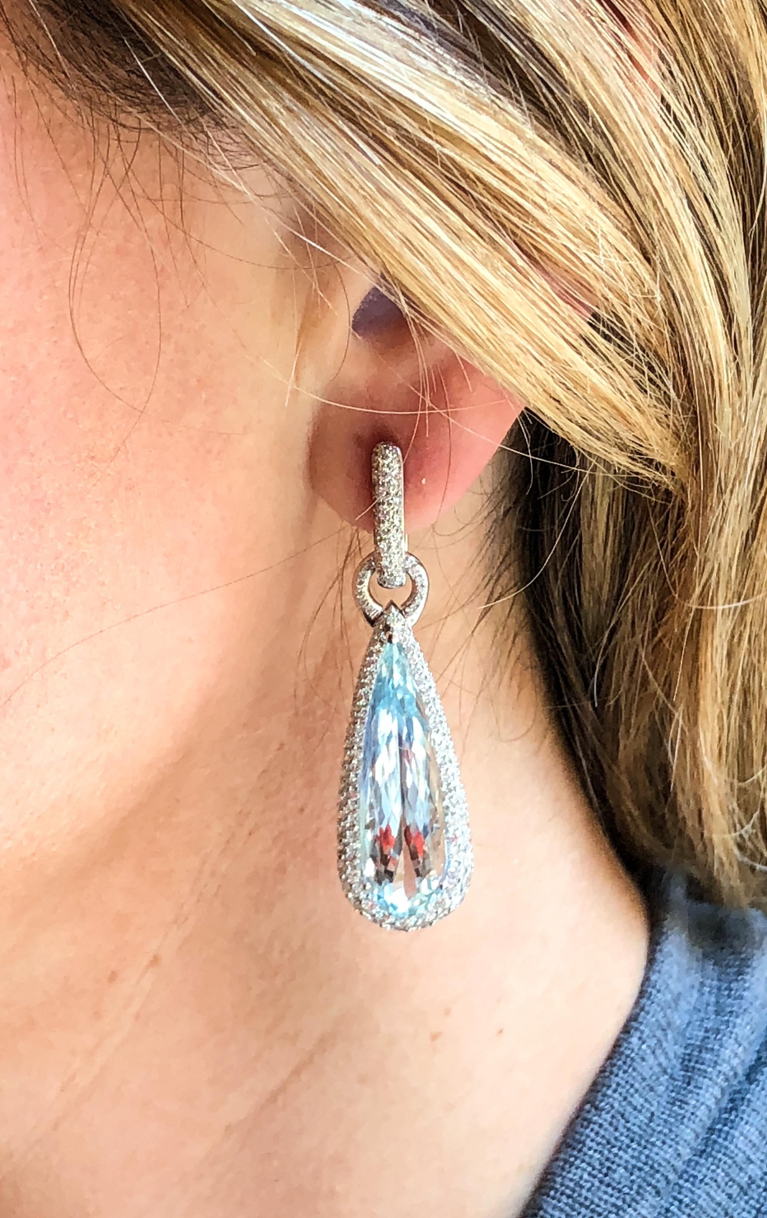 Pear Cut Aquamarine and Diamond Drop Earrings