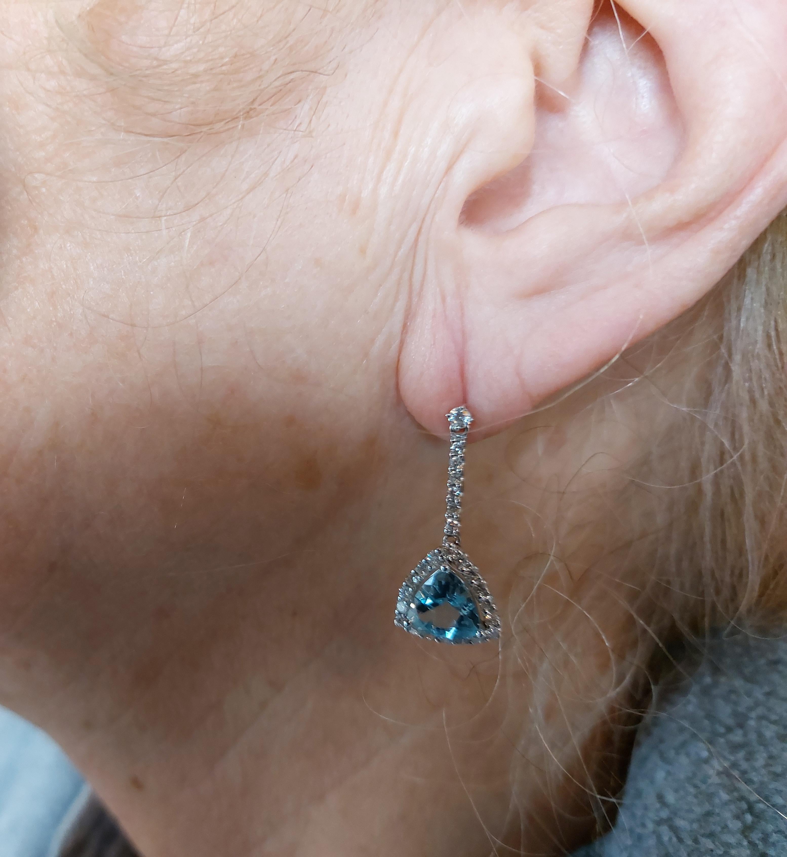 Trillion Cut Aquamarine and Diamond Drop Earrings For Sale