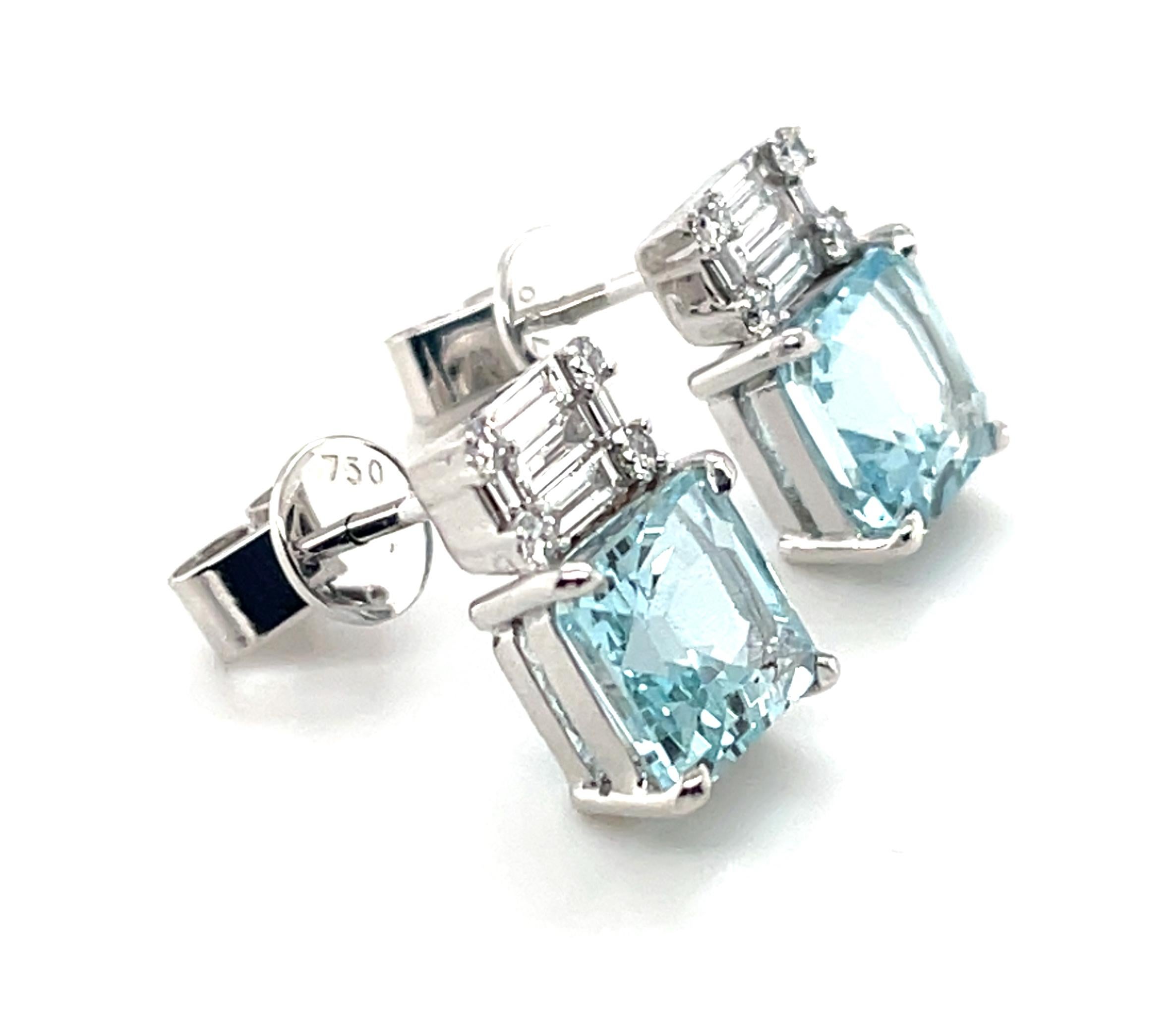 Artisan Aquamarine and Diamond Drop Earrings in 18k White Gold, 3.64 Carats For Sale