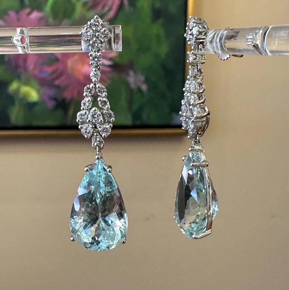 Pear Cut Aquamarine and Diamond Drop Earrings in 18k White Gold For Sale