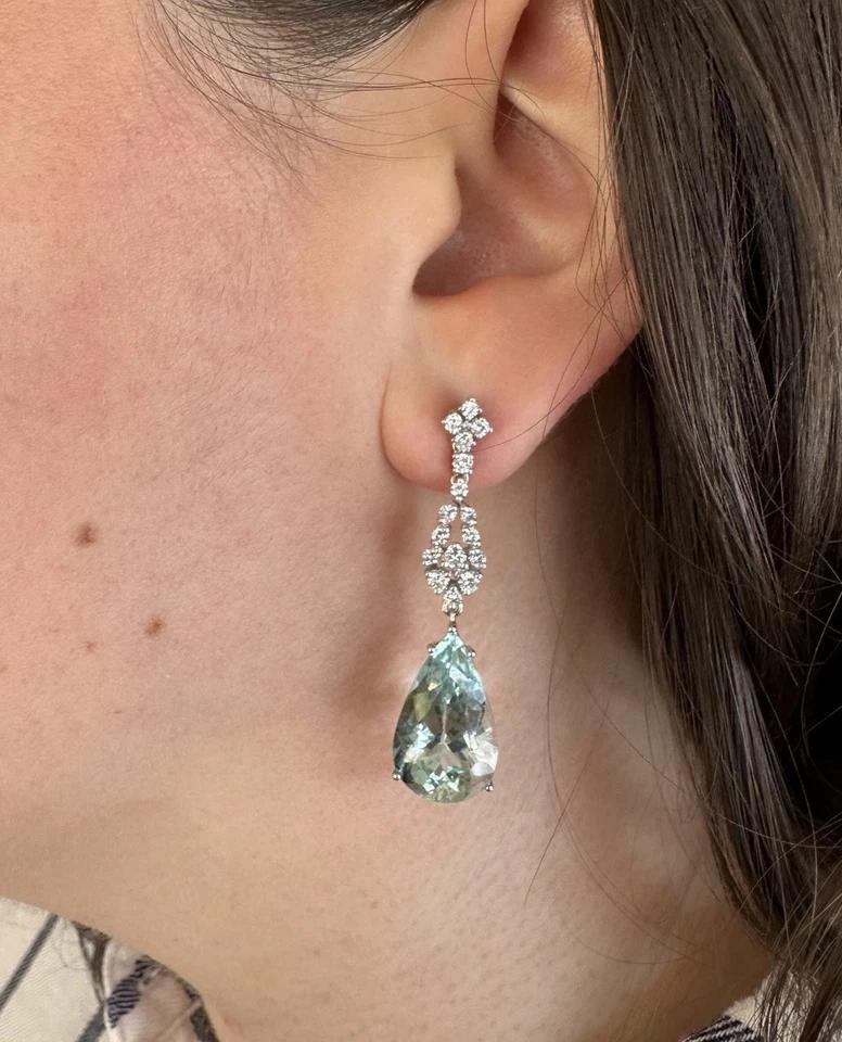 Women's Aquamarine and Diamond Drop Earrings in 18k White Gold For Sale