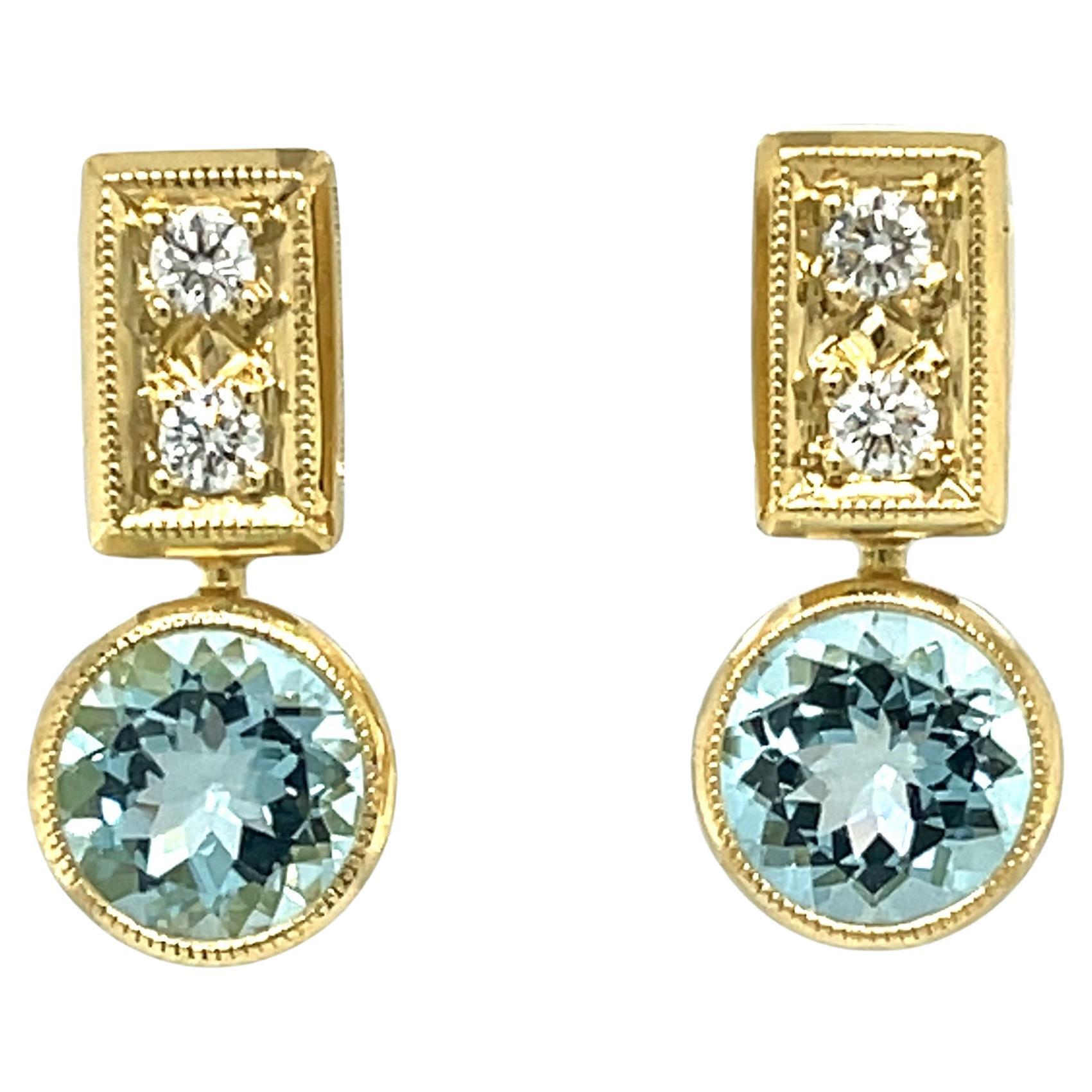 Aquamarine and Diamond Drop Earrings in Yellow Gold, 3.11 Carats Total (conchita