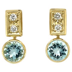 Aquamarine and Diamond Drop Earrings in Yellow Gold, 3.11 Carats Total 