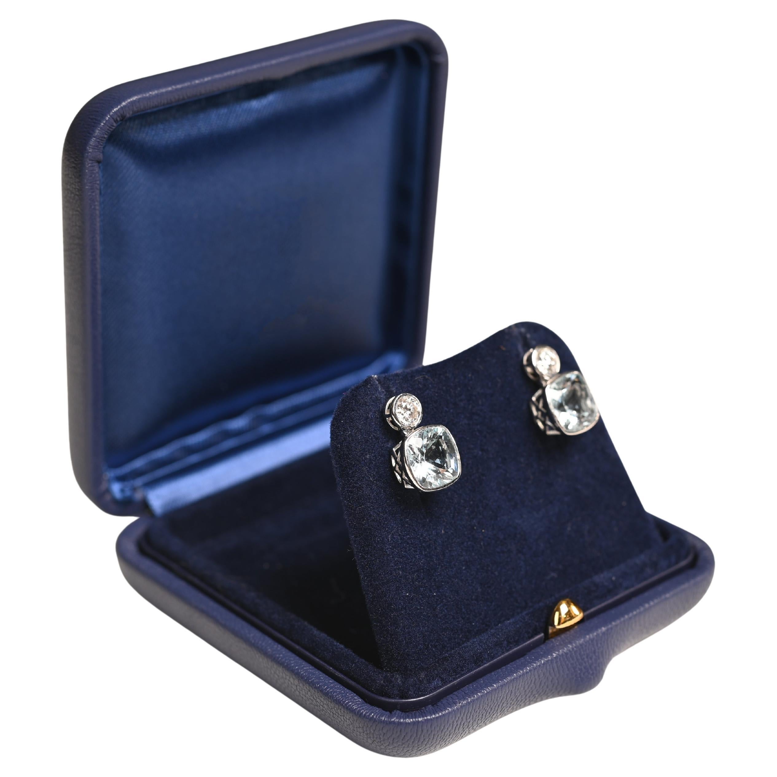 Aquamarine Earrings. 3.60ct Cushion Cut Aquamarine Diamond 18K White Gold Drop