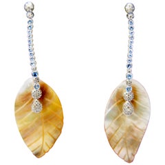 Aquamarine and Diamond Earrings with Mother of Pearl Leafs Mounted in 18kt Gold