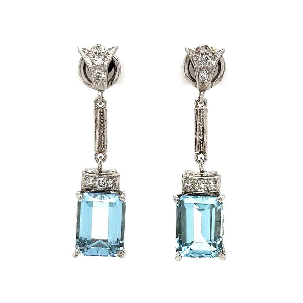 Simply Beautiful! Finely detailed Vintage Retro Aquamarine and Diamond Gold Drop Earrings. Each earring Hand set with an Aquamarine Gemstone. Approx. 10tcw for both. Accented by Diamonds, approx. 0.30tcw. Post and butterfly system. Hand crafted in
