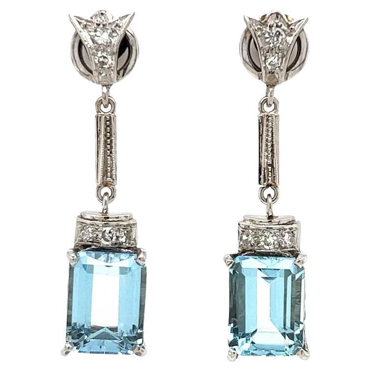 Aquamarine and Diamond Gold Drop Earrings Vintage Retro Estate Fine Jewelry For Sale
