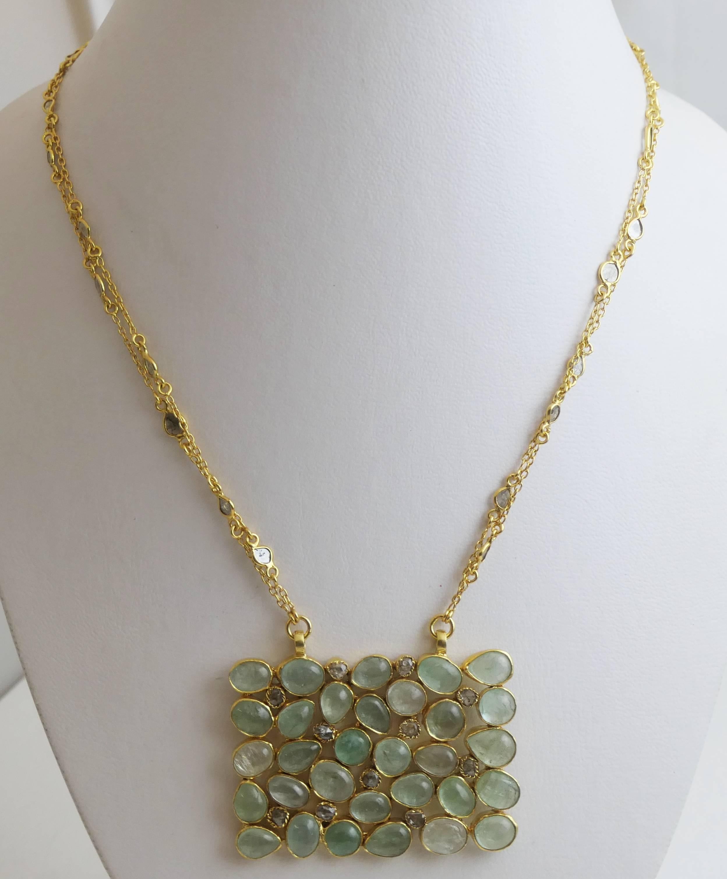 Artisan Aquamarine and Diamond Gold Plated Sterling Silver Necklace For Sale