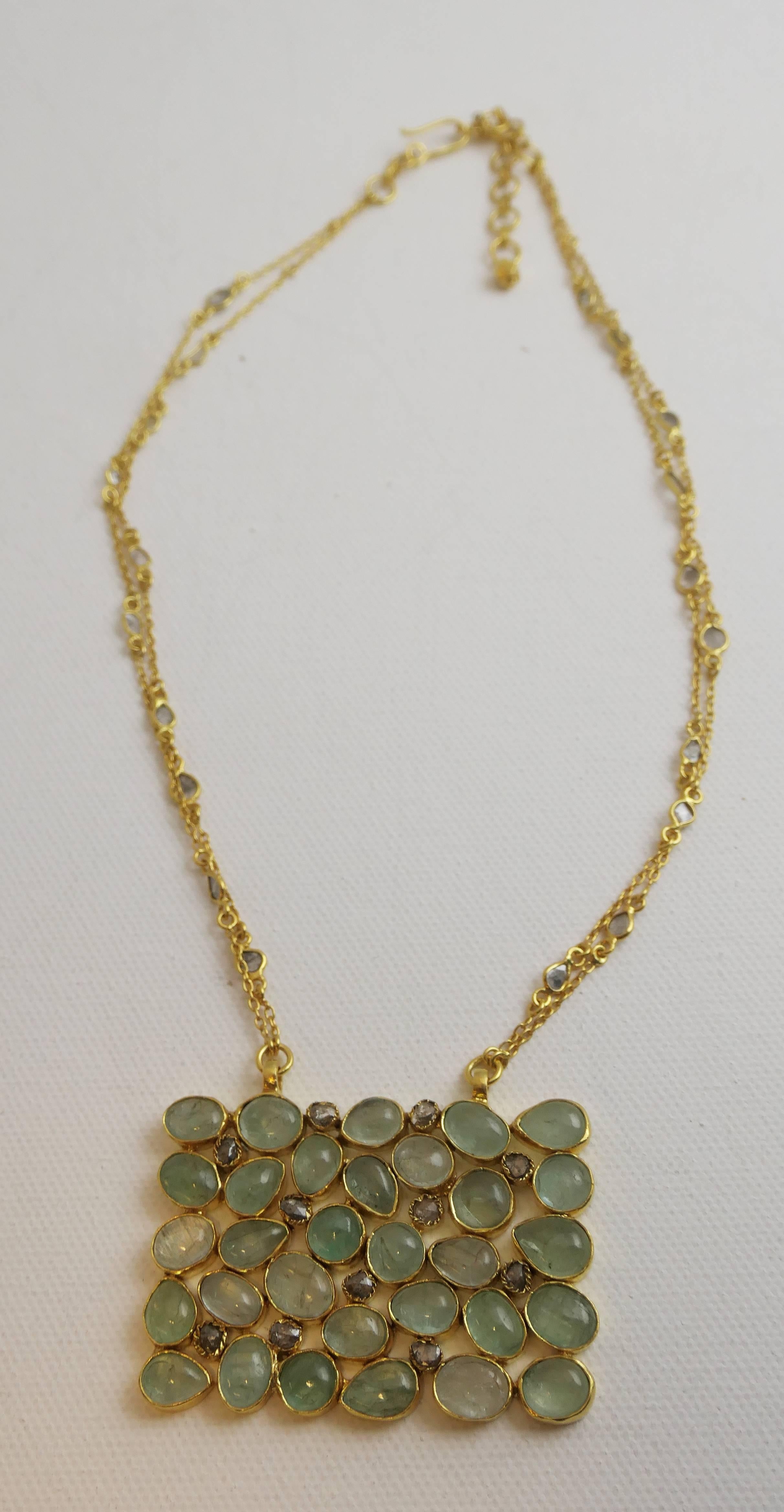 Cabochon Aquamarine and Diamond Gold Plated Sterling Silver Necklace For Sale