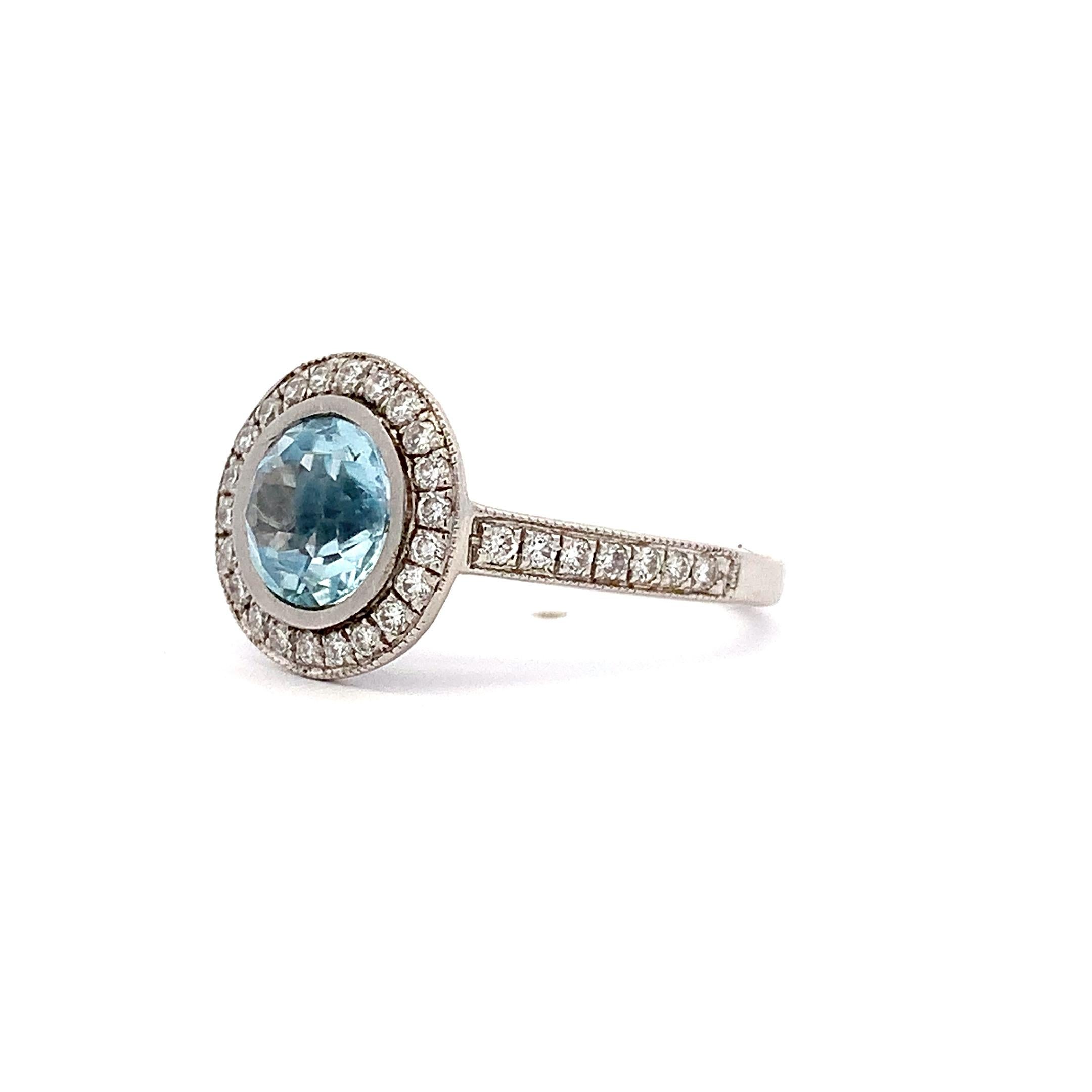 Women's or Men's Aquamarine and diamond halo art deco engagement ring 18k white gold For Sale
