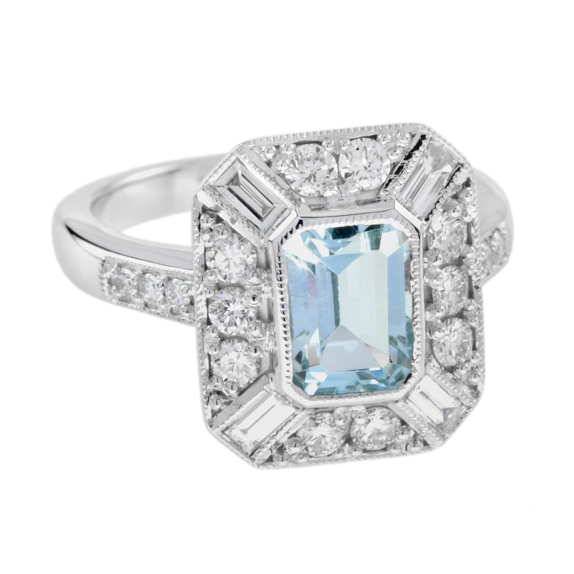 Simply stunning! Exquisitely crafted in 18k white gold, the ring features emerald cut 1.5 carat aquamarine surrounded by .88 carat round and baguette diamonds. This Art Deco inspired ring is a perfect piece for an engagement ring, or to commemorate