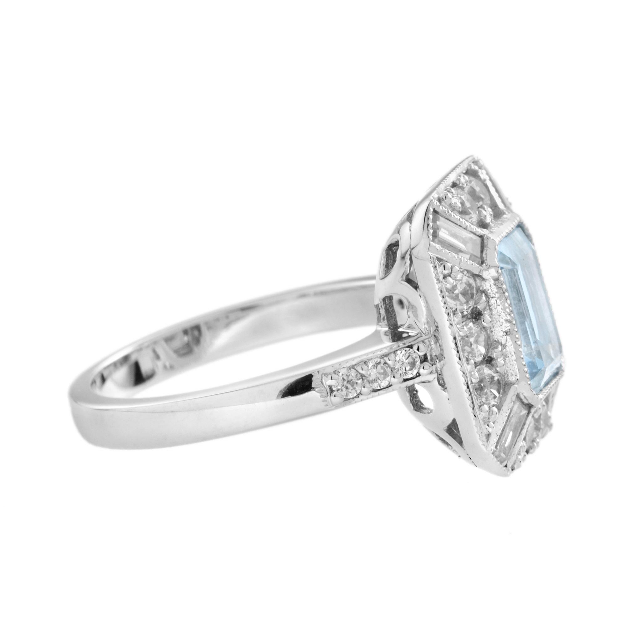 Emerald Cut Aquamarine and Diamond Halo Art Deco Style Engagement Ring in 18k White Gold For Sale