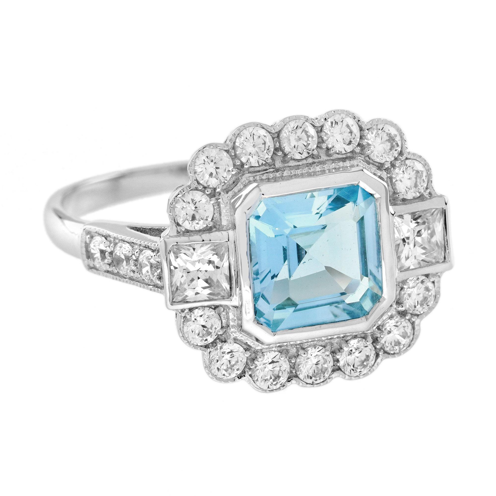 Asscher Cut Aquamarine and Diamond Halo Art Deco Style Engagement Ring in 18K White Gold For Sale