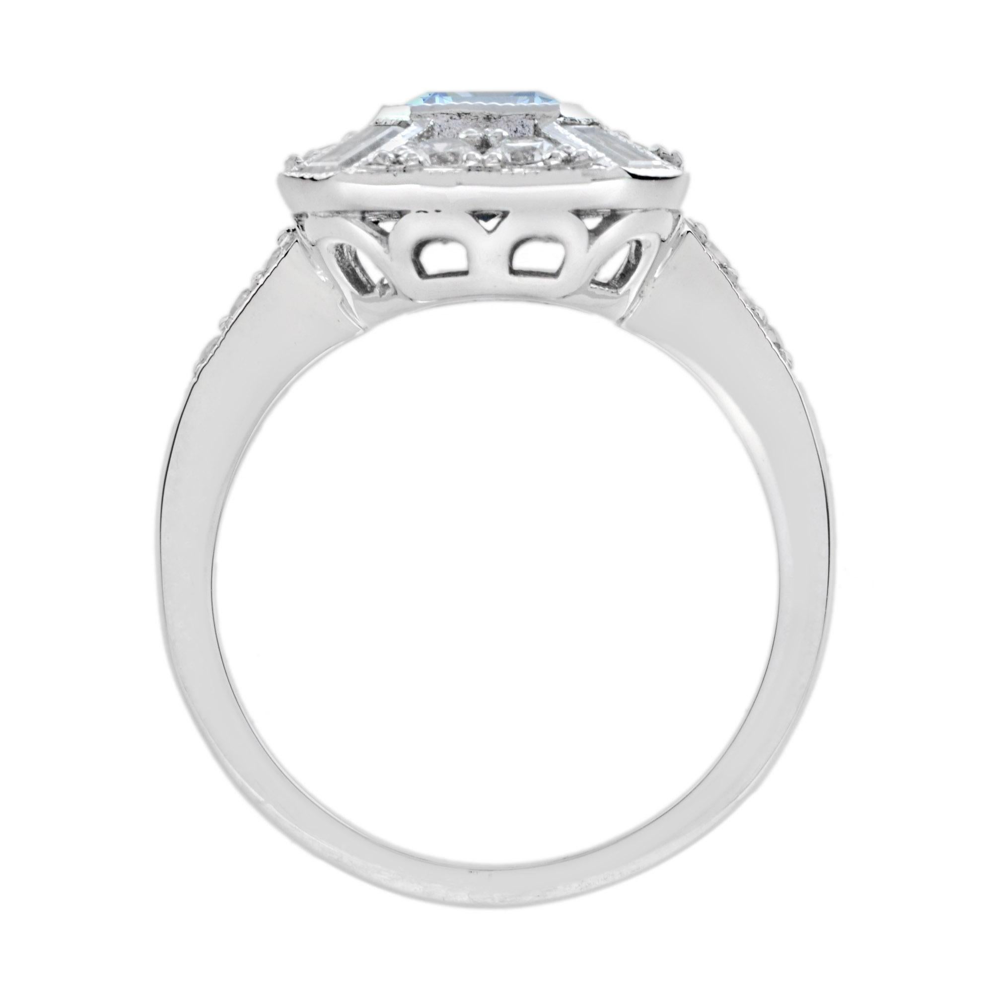 Women's Aquamarine and Diamond Halo Art Deco Style Engagement Ring in 18k White Gold For Sale