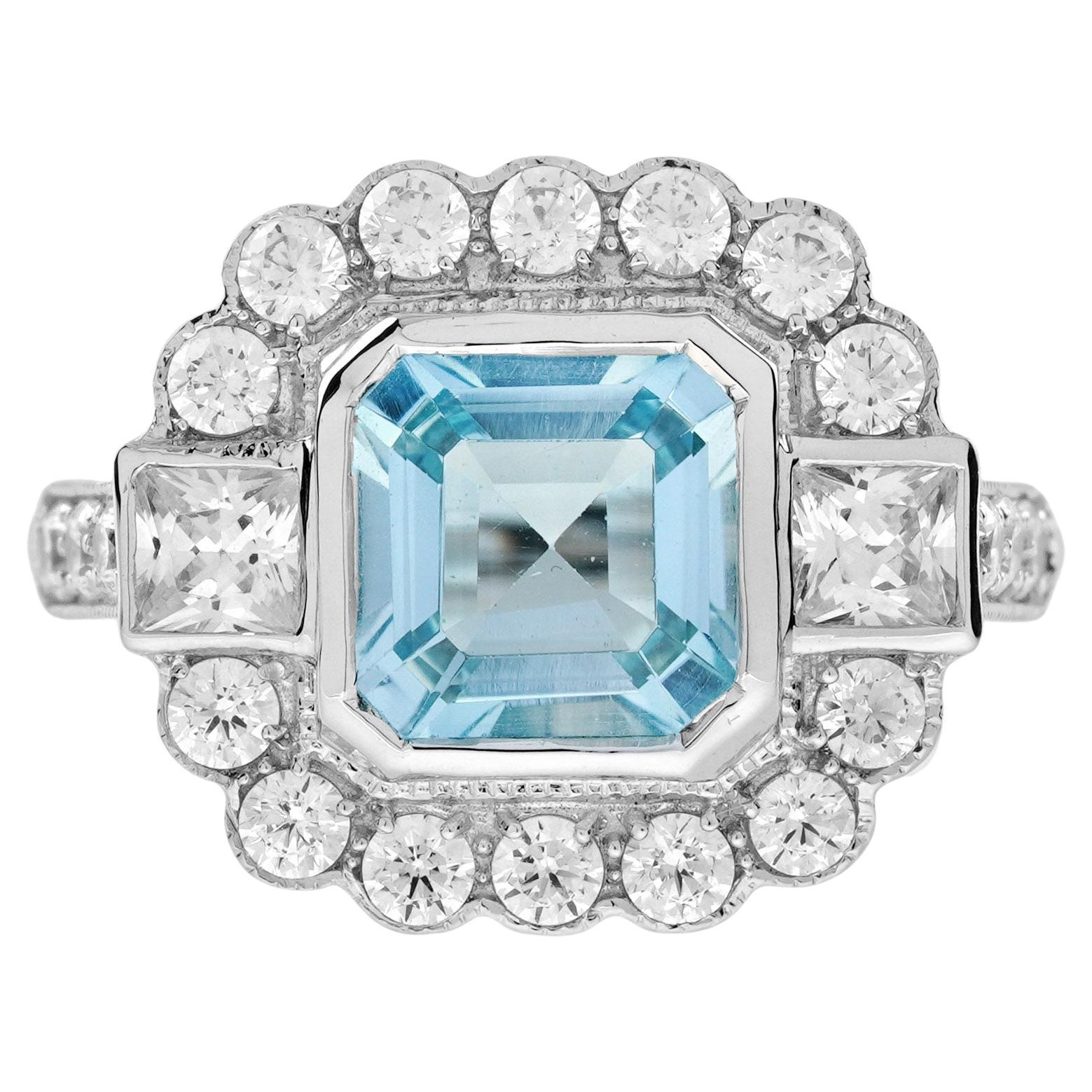 Aquamarine and Diamond Halo Art Deco Style Engagement Ring in 18K White Gold For Sale