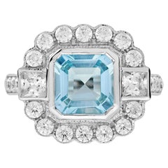 Aquamarine and Diamond Halo Art Deco Style Engagement Ring in 18K White Gold