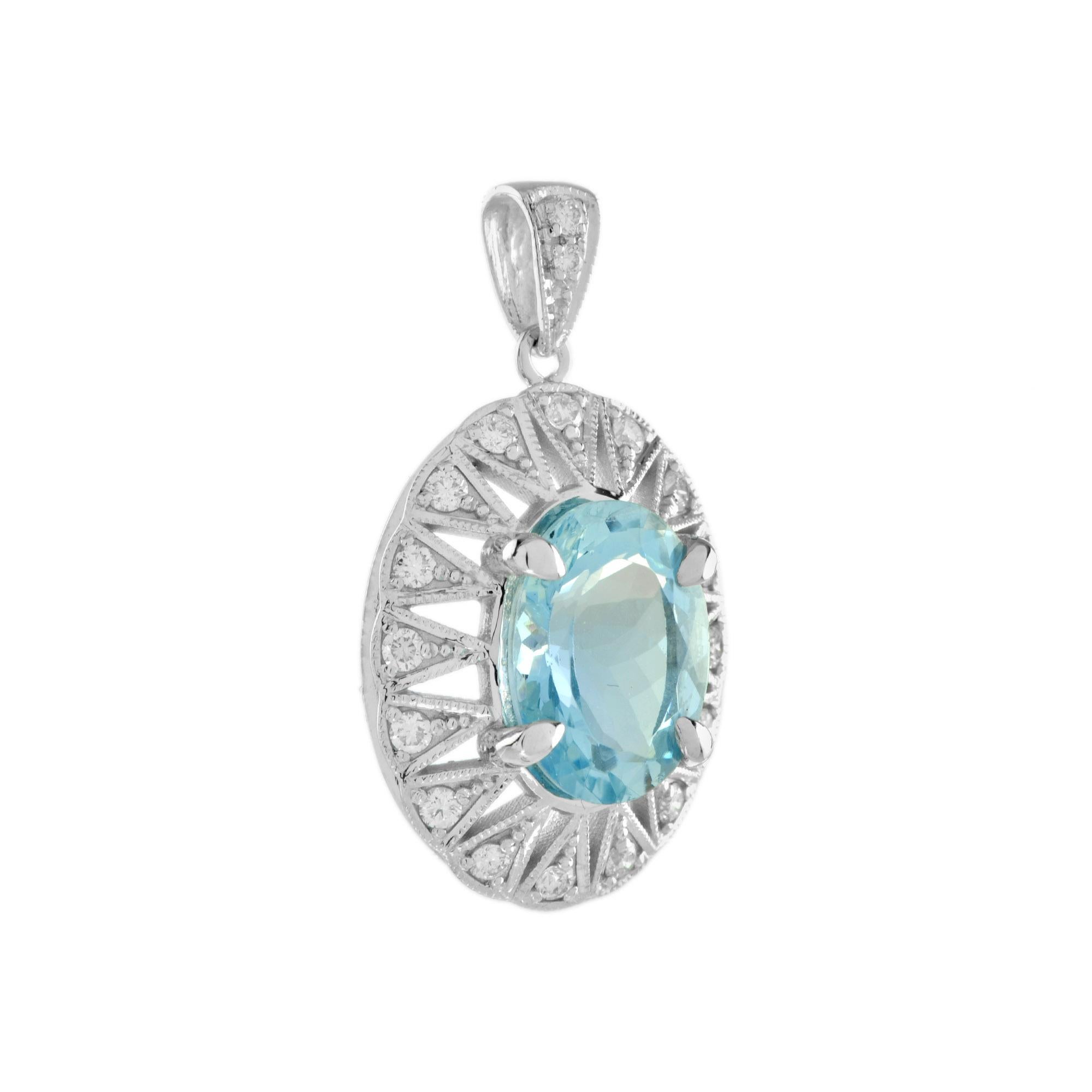 Art Deco Aquamarine and Diamond Halo Classic Style Pendant in 18K White Gold For Sale