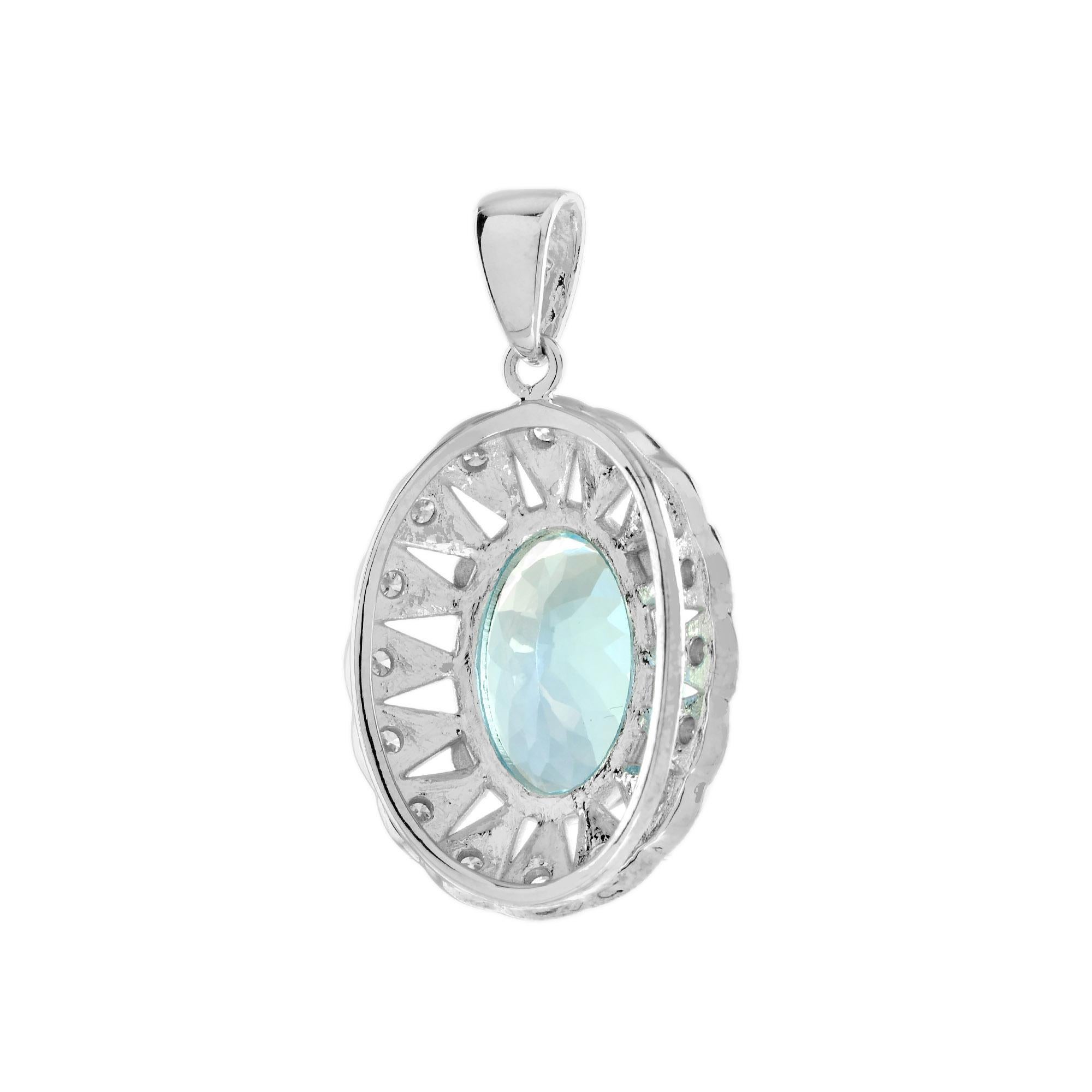 Oval Cut Aquamarine and Diamond Halo Classic Style Pendant in 18K White Gold For Sale